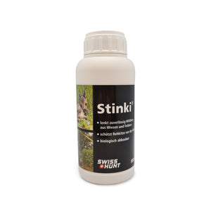 Das Wildlenkmittel "Stinki" von SwissHunt, funktioniert wie ein Vergrämungsmittel und lenkt Wildtiere sicher aus Wiesen und Feldern. Das Bild zeigt die praktische 500ml Flasche